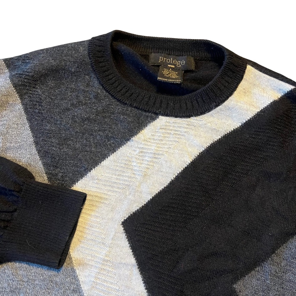 Protege Men's‎ Geometric Pattern Crew Neck Sweater L Black Gray White Wool Blend